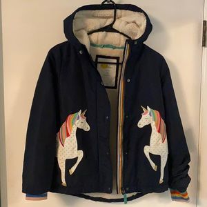 Girls Mini Boden warm water resistant faux shearling lined hooded jacket